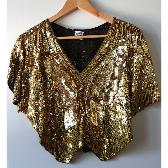 Vintage 80s Top Gold Butterfly Sequin Silk Fairy Disco Retro 70s Boho Beaded M/L - Picture 1 of 7